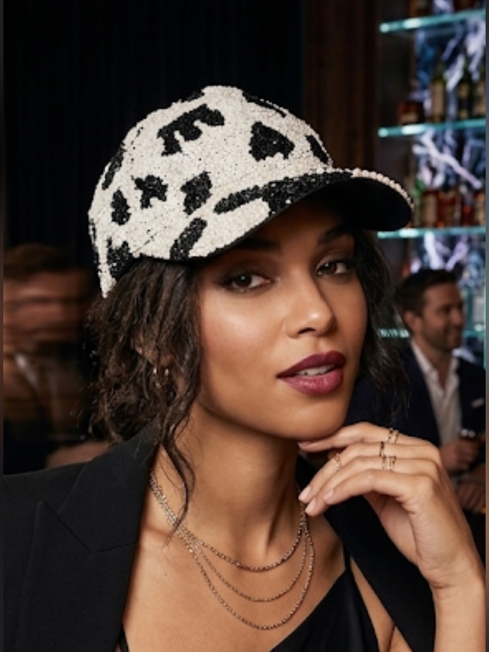 JC Sequin Black White/Cream Hat Elastic Back Cowhide Dalmatian Pattern Hat Cap